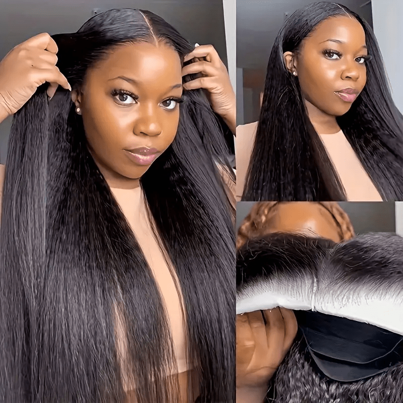 34" Kinky Straight Glueless Human Hair Wig with Pre-Plucked 4x4 HD Lace Closure, 180% Density, Natural Black - Long Yaki Texture for Women, Elegant Style, Perfect for Everyday or Special Occasions